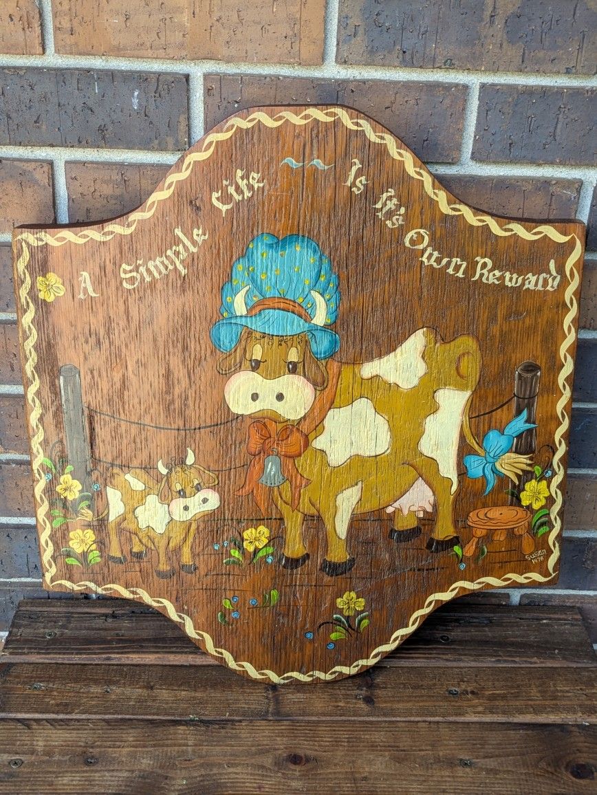 Vintage Rustic Primitive Hand Painted Folk Art Wood Wall Decor 1978