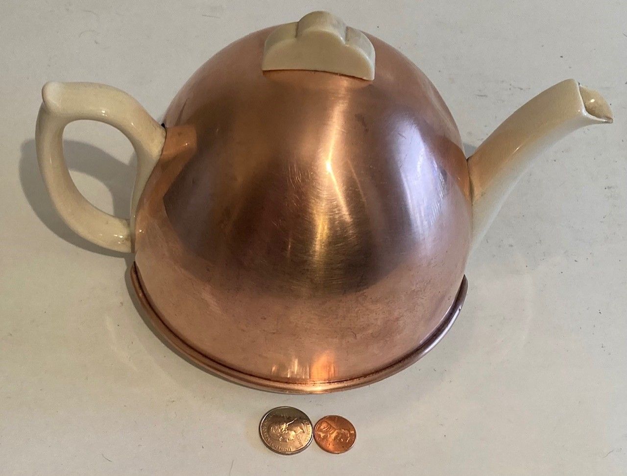 Vintage Copper Metal and Porcelain Tea Pot, Tea Kettle, Made in England, 10" x 6", Kitchen Decor, Use It, Table Display, Shelf Display