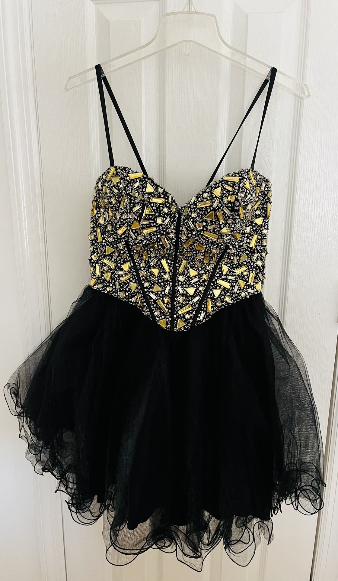 Black Short Dress With Gold And Silver Rhinestone Top