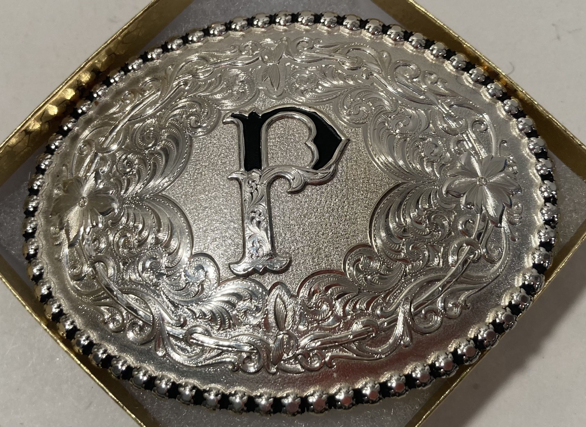 Vintage Belt Buckle Silver And Black, Letter P Montana Silversmiths 