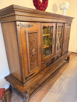 1960s German 2-Piece China Cabinet - Carved Antique Hutch + Buffet