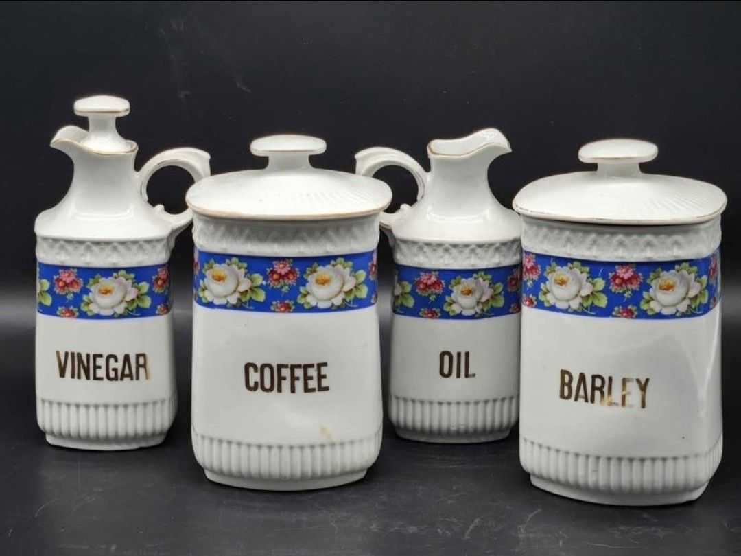 100 Year Old White Block Germany Porcelain Kitchen Canisters - Antique