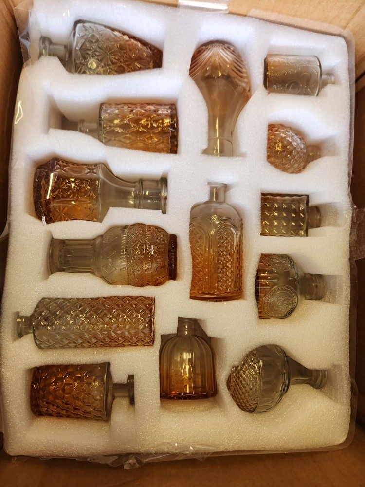 Glass Bud Vase Set of 28 - Small Vases for Flowers in Bulk - Assorted Vintage Crystal Vases for Flowers, Table Centerpieces (Amber