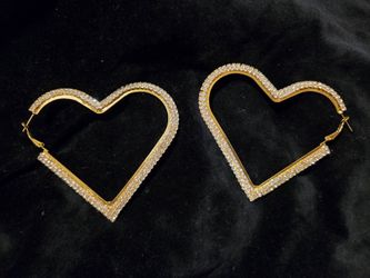 Extra Large Gold-Tone Heart Hoop Earrings with Clear Rhinestones