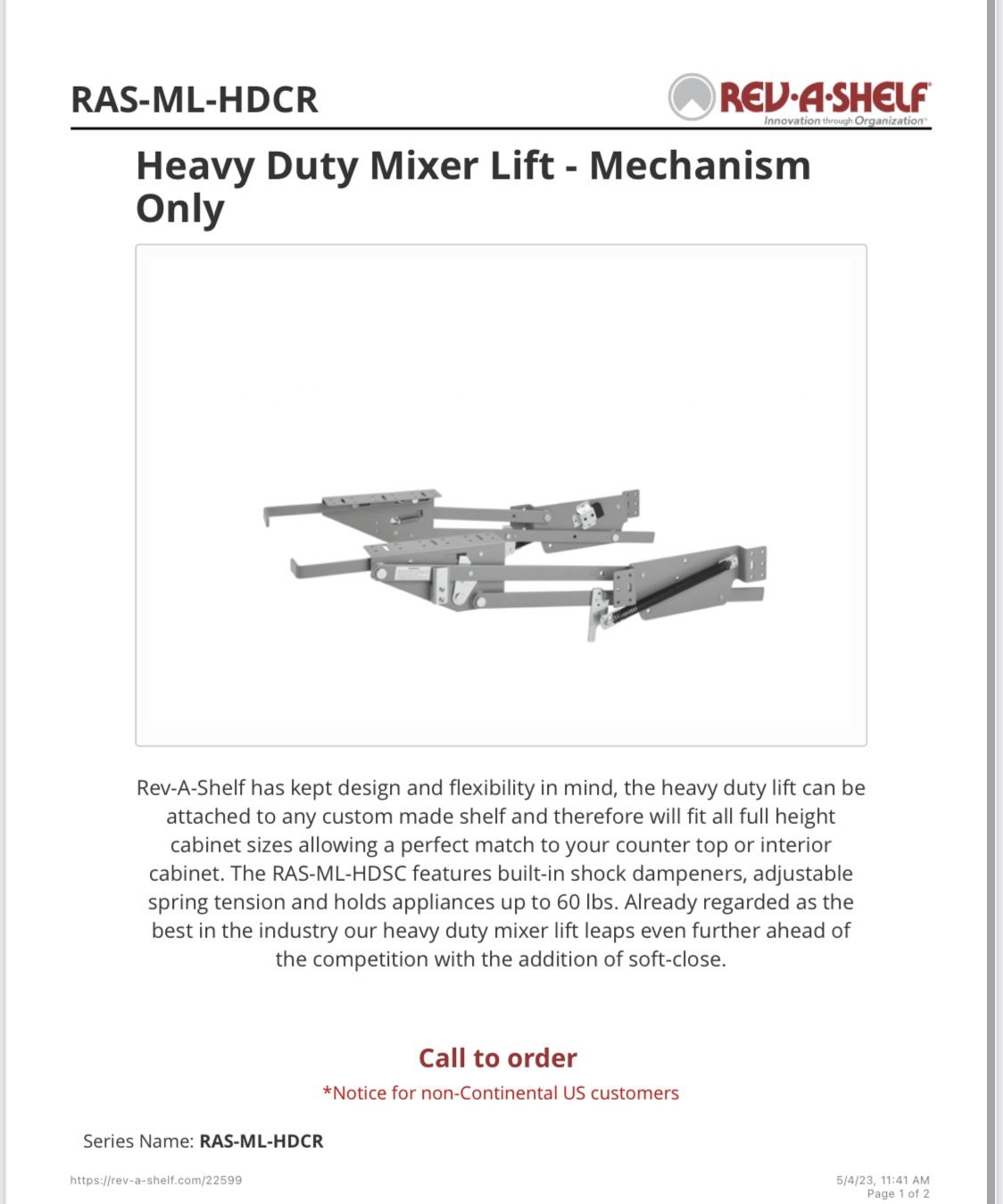 New In Box! Rev-a-shelf Heavy Duty Stand Mixer Lift (mechanism Only) RAS-ML-HDCR