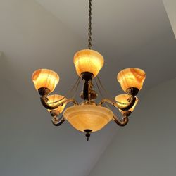 Antique Rose Marbled Glass And Bronze Brass Chandelier 