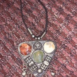 Vintage Agate Charm on Rope Necklace 