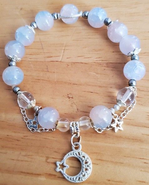 Moonstone Beads With Silvertone Moon And Stars