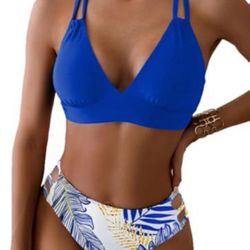Tainehs Women's Push Up V Neck Bikini Sets Criss Cross Back Two Piece Bathing Suit Blue Floral size xs