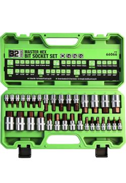 SWANLAKE 32 Piece Hex Bit Socket Set,SAE and Metric, 1/4'', 3/8', 1/2'' Drive Socket Set, S2 & Cr-V Steel