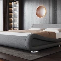 King Size Upholstered Platform Bed Frame, Ergonomic & Adjustable Headboard, Low Profile Modern Sleigh Design, No Box Spring Required, Easy 