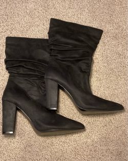 Black Suede Slouch Heeled Mid-Calf Boots, size 9