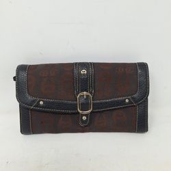 Etienne Aigner Brown Black Leather Signature Jacquard Accordian Snap Wallet Clutch

