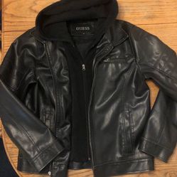 Guess Black Leather With Zipped Material Hood Jacket Size M