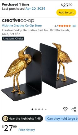 Creative Co-Op Cast Iron Bird Bookends Gold Set of 2