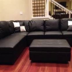 Black Leather Sectional Couch And Ottoman