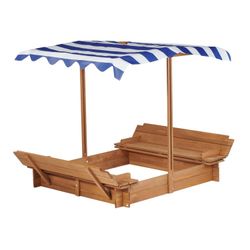 Kids Sandbox with Adjustable Cover, 46'' Wooden Sand Box with 2 Foldable Bench Seats, Outdoor Sandpit for Backyard Play