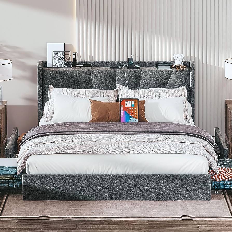 King Bed Frame and Upholstered Headboard, Platform Bed with Storage Drawers and Outlets, Sturdy