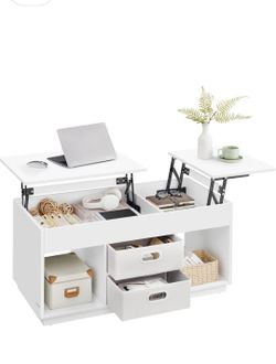 VASAGLE Coffee Table, Lift Top Coffee Table with 2 Drawers and Hidden Compartments, Center Table with Lift Tabletop, Open Compartments, for Living Roo
