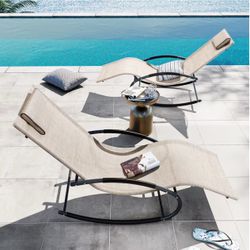 Set of 2 Patio Rocking Chair Curved Rocker Chaise Brown Metal Frame Rocking Chair with Off-white Mesh Seat