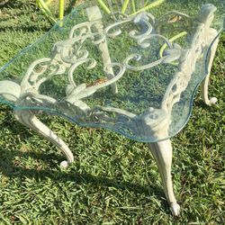 Vintage Hollywood Regency Wrought Iron Scroll Coffee Table with Beveled Glass Top 