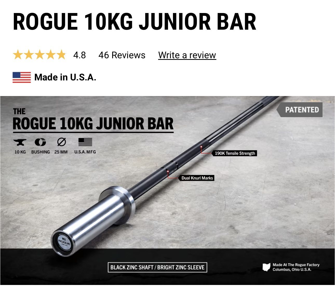 Rogue Fitness Junior 10 KG barbell $150.00