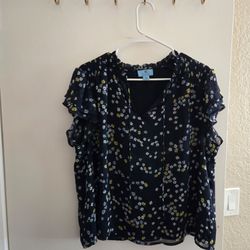 CeCe Navy Floral Ruffle Sleeve Blouse XL