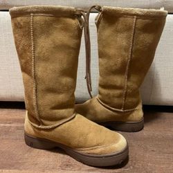 UGG vintage brown tan leather tall Drawatring boots sheepskin Platform Sherpa 9