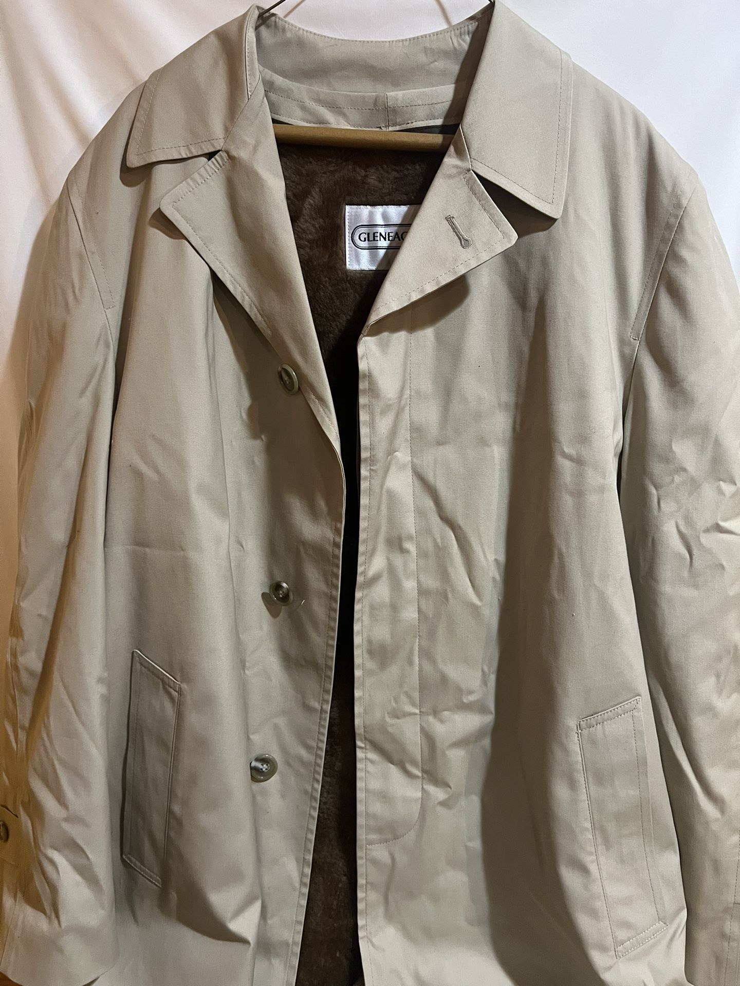 Gleneagles Men's Tan Long Button-Up Trench Coat Size 42L With Fleece Lining Used Good Condition $40 Meet Up In Irving @dfwgoods