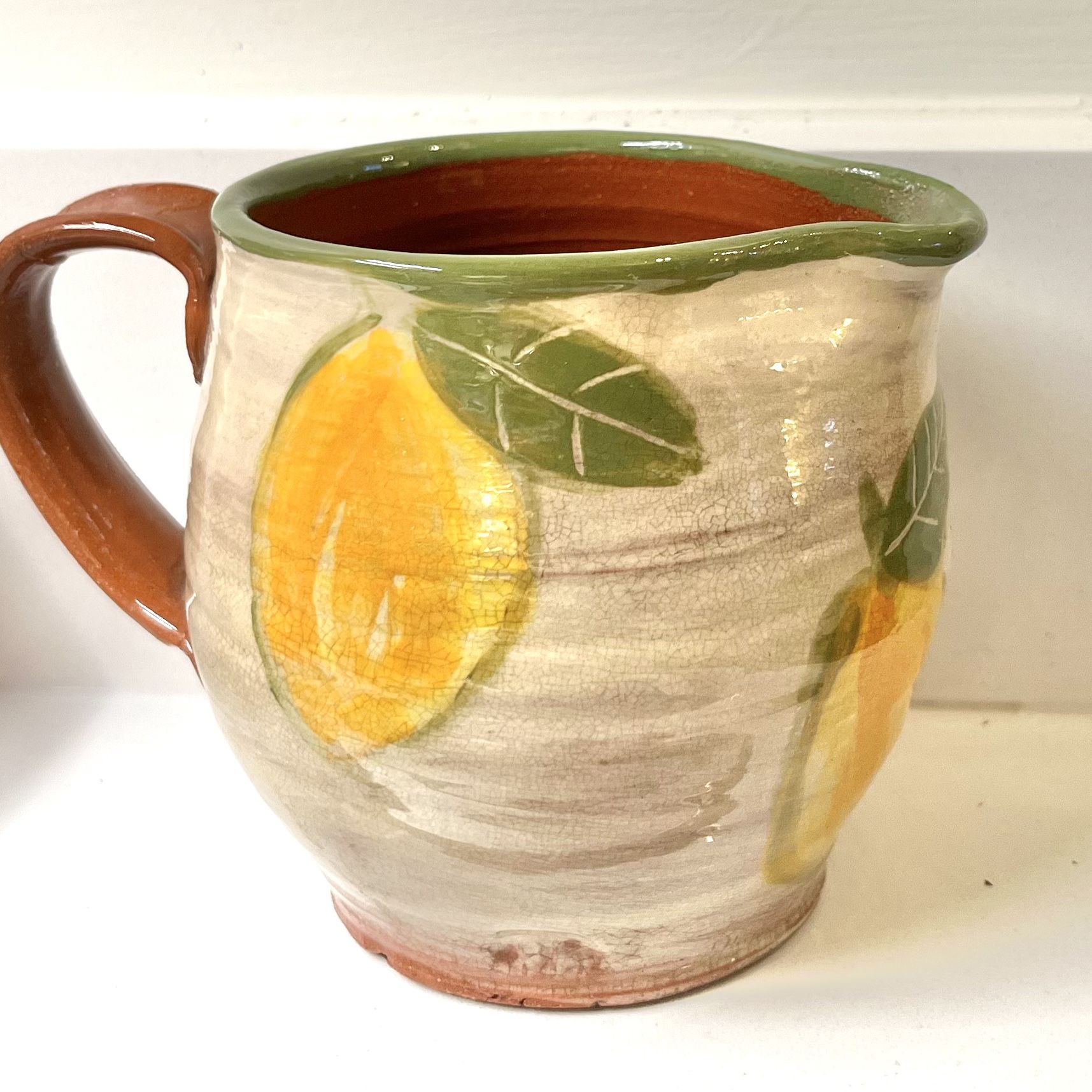 Handmade Pottery Pitcher. Decorated With Painted Lemons. Hand Thrown Ceramics