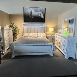 Grey King Bed , Dresser, Mirror And One Nightstand