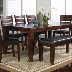 6 PIECE DARK WALNUT / ESPRESSO DINING TABLE SET CHAIRS BENCH 