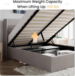 Full Size Lift Up Storage Bed/Modern Wingback Headboard/Upholstered Platform Bed Frame/Hydraulic Storage/No Box Spring Needed/Wood Slats Support/Light