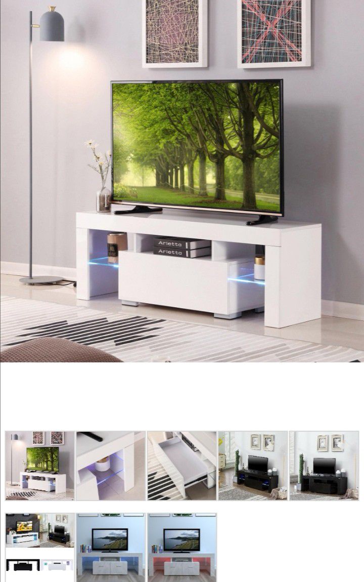 White Tv stand with led lights.
