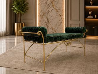 Luxury Green Velvet Bench with Gold Frame