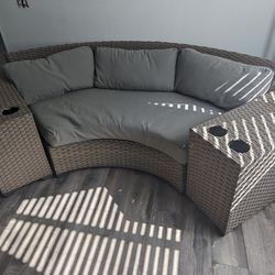 Outdoor Circular Sofa With Two End Tables With Cup Holders