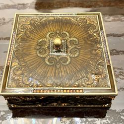 Decorative Brass Trinket Box – Floral Engraved Square Jewelry Box 