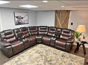 🔥New Brown Premium Leather Curved/Corner Recliner Sofa/Couch with Cup Holders & Console | Pay After Delivery 🚚