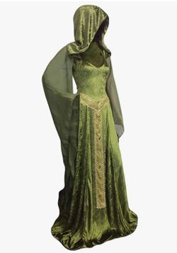Women’s Renaissance Medieval Green Velvet Costume Hooded Maxi Dress Size Small