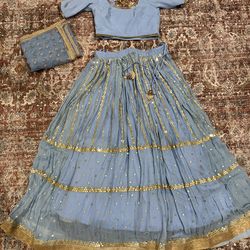 Light Blue Lengha With Gold Embroidery