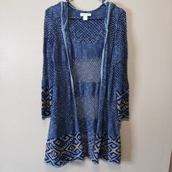 Christopher & Banks knit sweater hooded duster cardigan size large petite navy blue and tan 