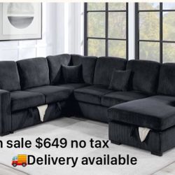XL Sectional Sofa With Pull-out Bed & Storage Black , Grey Or Dark Gray Corduroy  Brand New