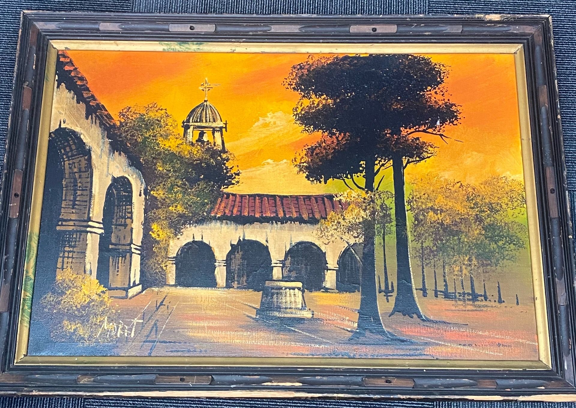 Huge Vintage Real Oil Canvas Painting Courtyard Sunset Large 41x29”