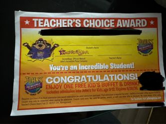 Two (2) free kids buffet & drink at John’s incredible pizza certificates