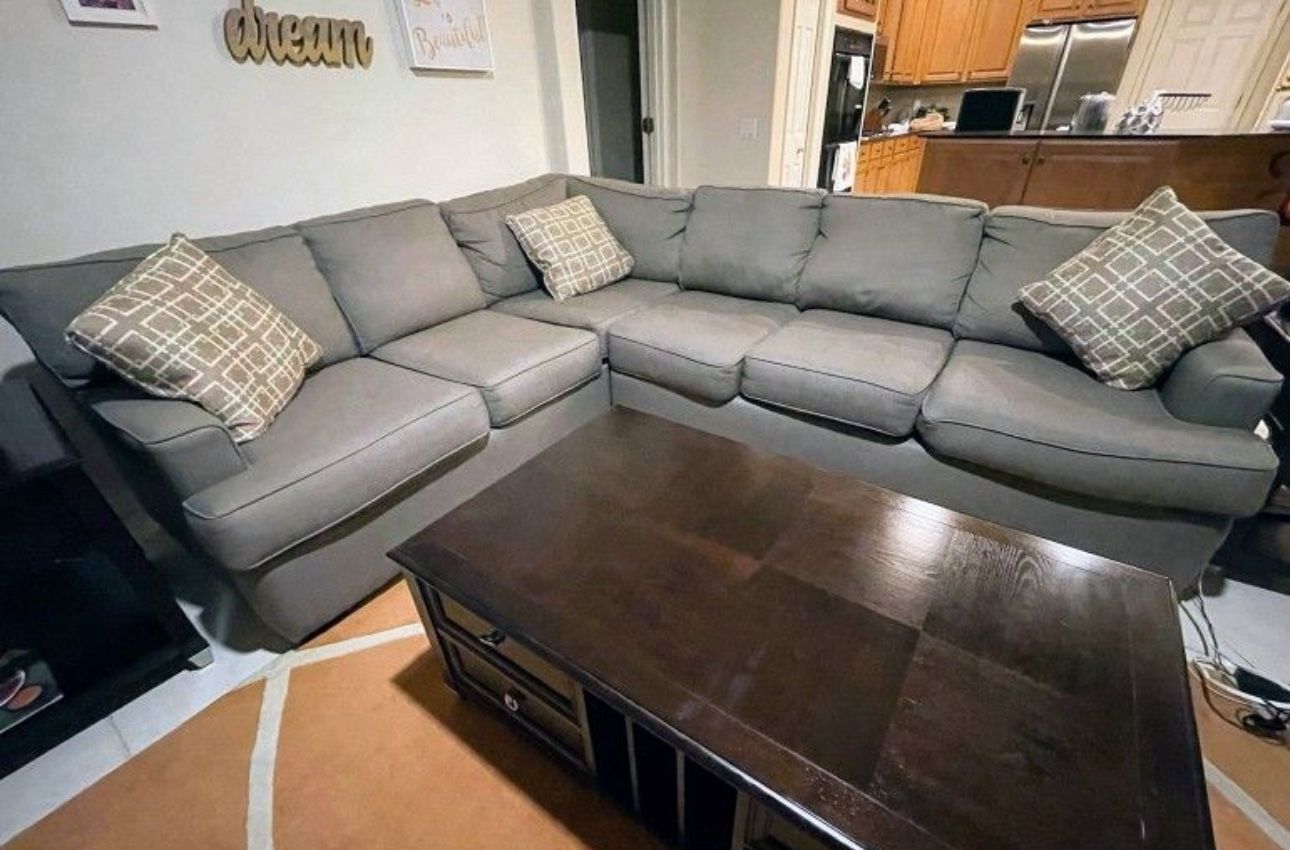 Hudson Large Corner Sectional Sofa Couch, Green Fabric, Classic Modern L Shaped, Includes Pillows, Manufactured In USA, Wood Feet, 9.3 Ft By 7.5 Ft