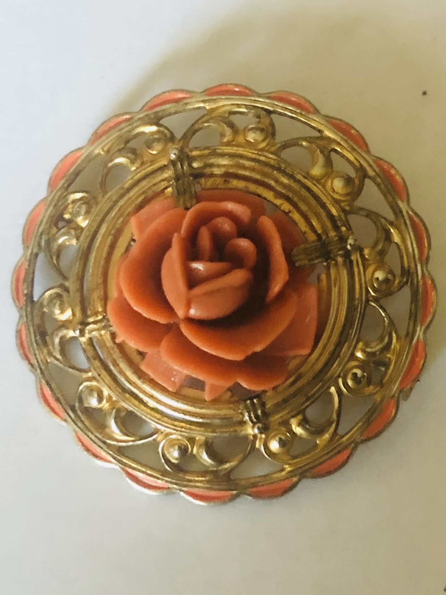 Antique Coral Sterling Carved Rose Hand Painted Trimmed Brooch Pin
