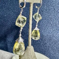 FREE SHIPPING! 14K W Gold/Silver w/Faceted Lemon Quartz Lever back Dangle 3” Earrings Lot#336
