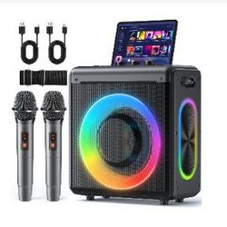 Karaoke Machine with 2 Wireless Rechargeable Microphones: Portable Bluetooth Speaker for Adults & Kids - PA System with Lights Supports TWS/TF Card/US