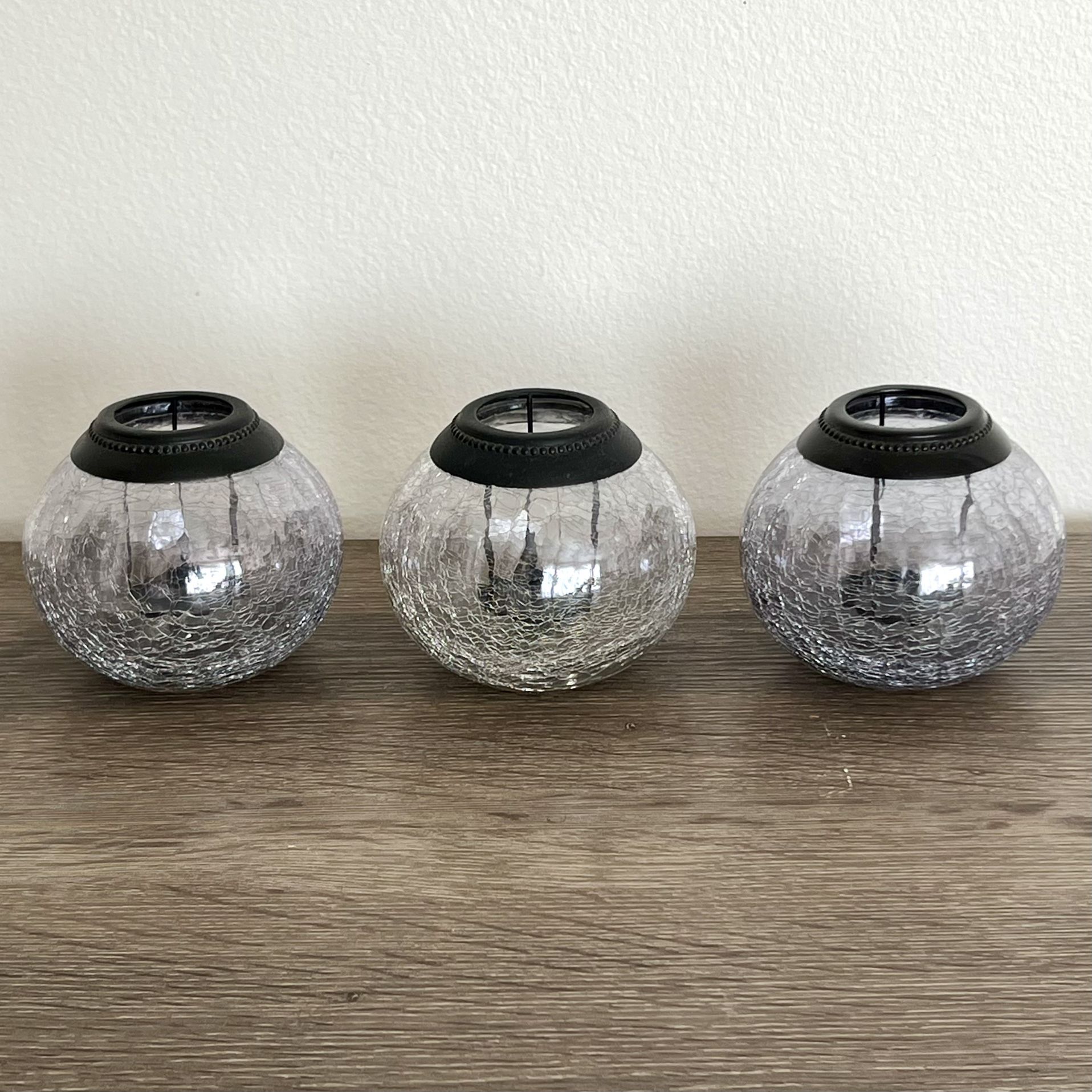 3 Pottery Barn Crackle Glass Globes Dark Bronze Tea Light Candle Holders 4.5” Wide