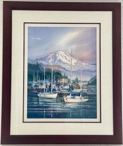John C. Ebner Original Watercolor “Tranquil Harbor” — Framed, Signed, 44”x36”